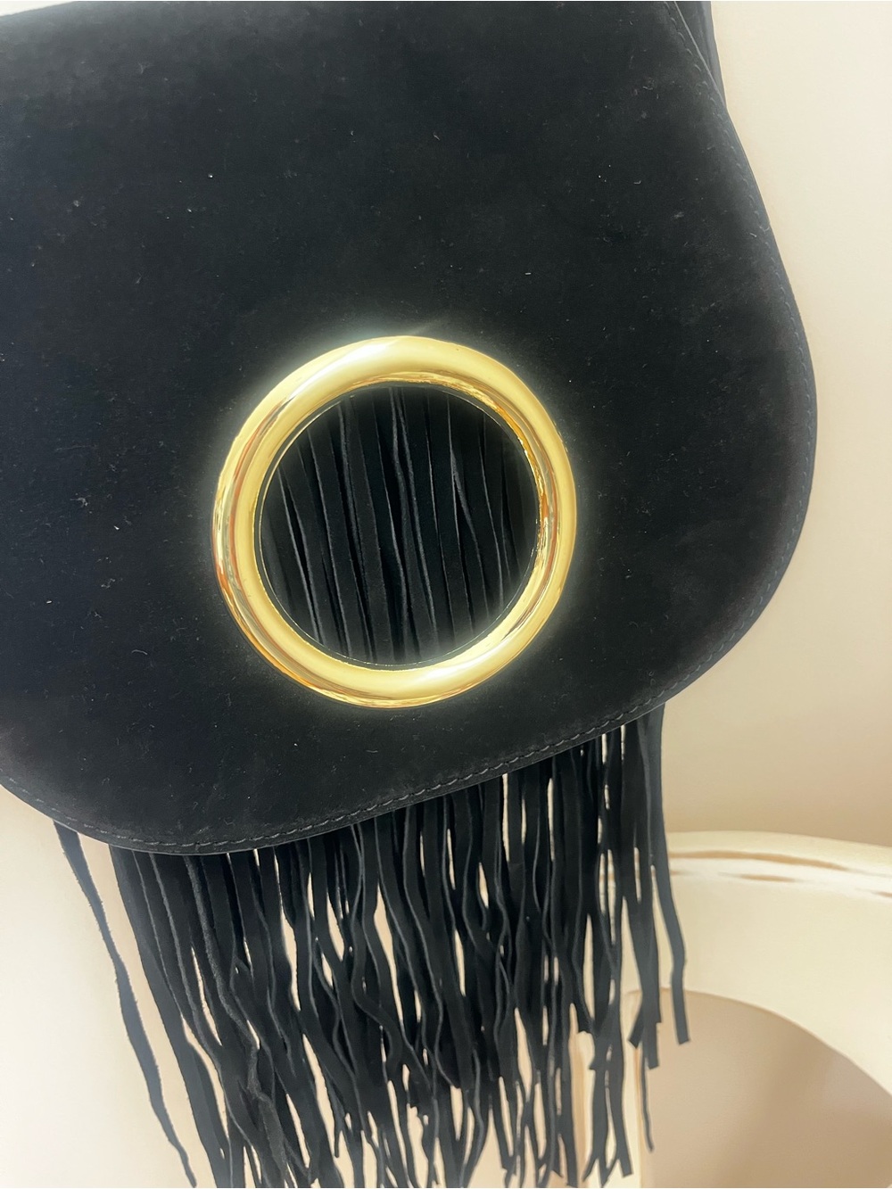 Black Fringe Crossbody Bag with Gold Ring Accent by INZI - Picture 6 of 11